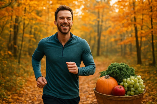 Mann wandert im herbstlichen Wald und wirkt vital und selbstbewusst