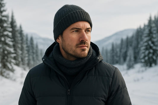 Mann in Outdoor-Winterkleidung mit energetischem Blick in winterlicher Landschaft